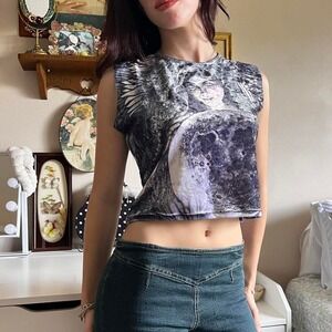 90s style blue velour Y2K celestial angel moon graphic mesh crop top